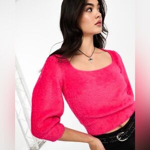 Free People Moonbean Fluffy Barbie Pink Cropped Square Neck Fluffy Top Sweater‎